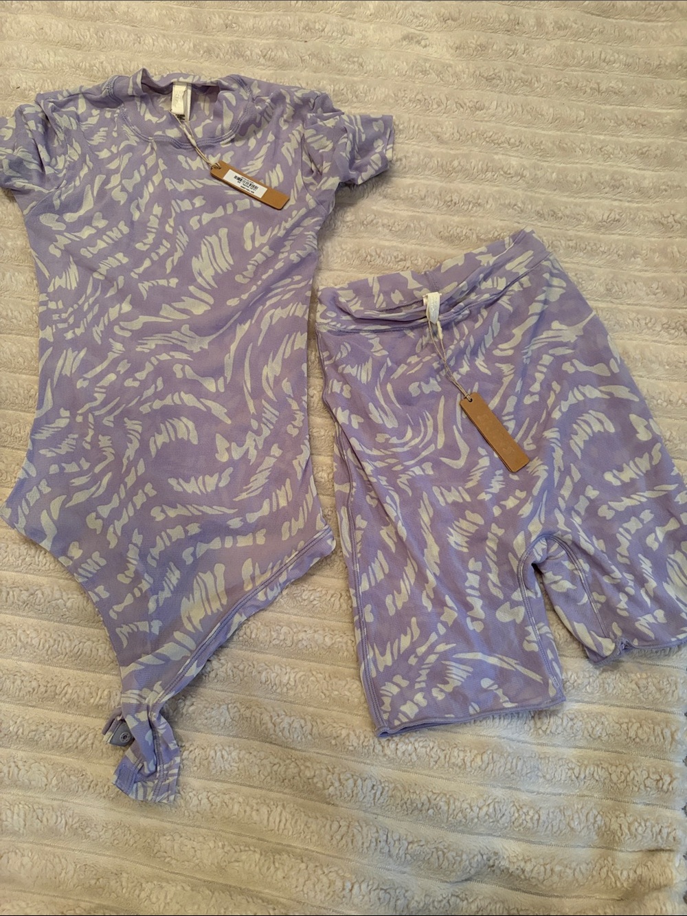 SKIMS Lavender & White Tie-Detail Bodysuit and Biker Short Set